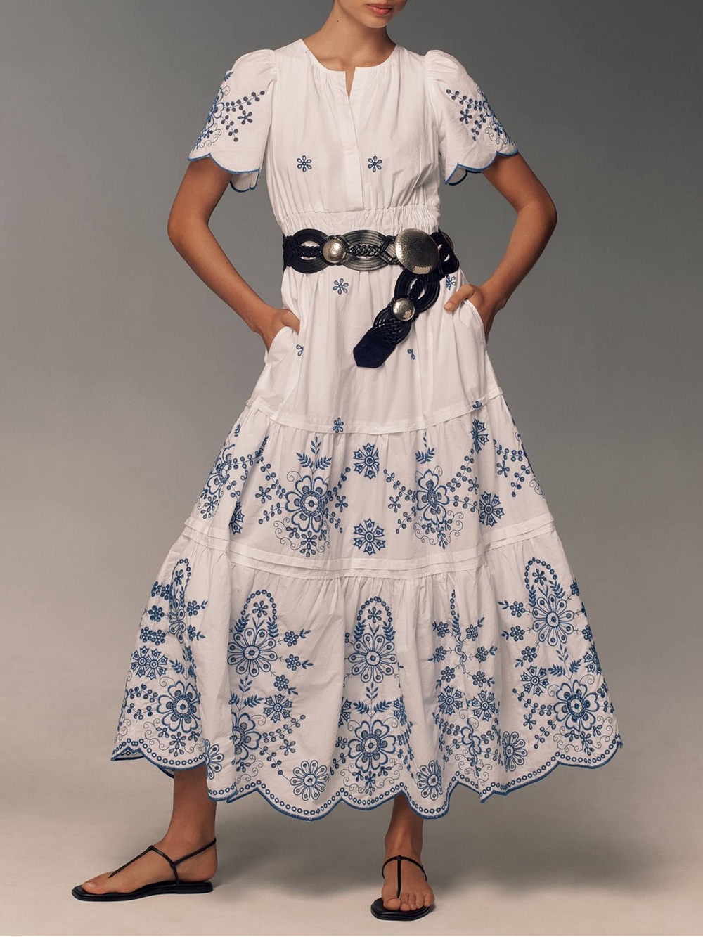 Joie White Blue Embroidered Eyelet Maxi Dress XS NWOT Cottagecore